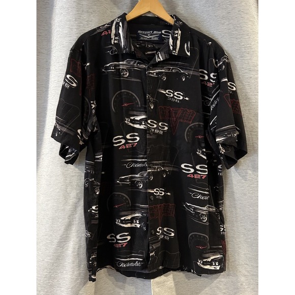 Newport Blue Black Button Down GM Chevrolet SS 427 396 Hawaiian Shirt‎ Sz XL - Picture 1 of 4